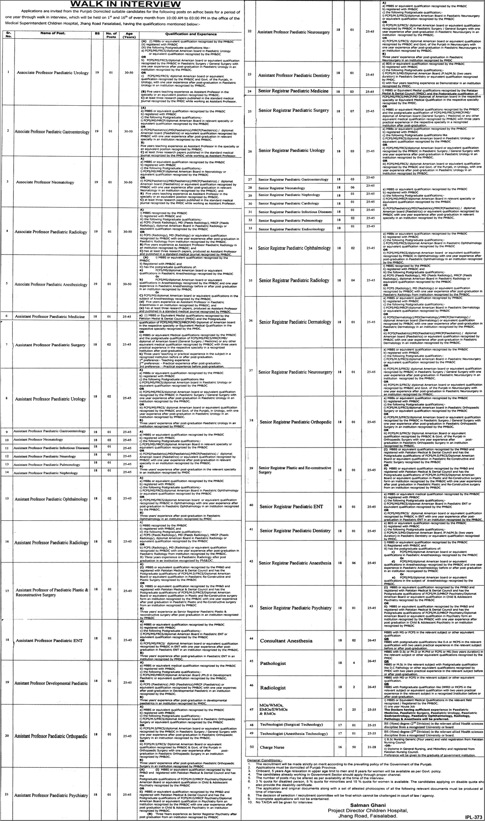 Children's Hospital Faisalabad Jobs 2018 Teaching Faculty, Nurses, Medical Officers & Others Latest