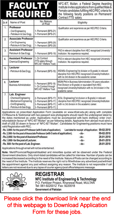 NFC IET Multan Jobs 2018 Application Form Teaching Faculty & Lab Engineers Latest