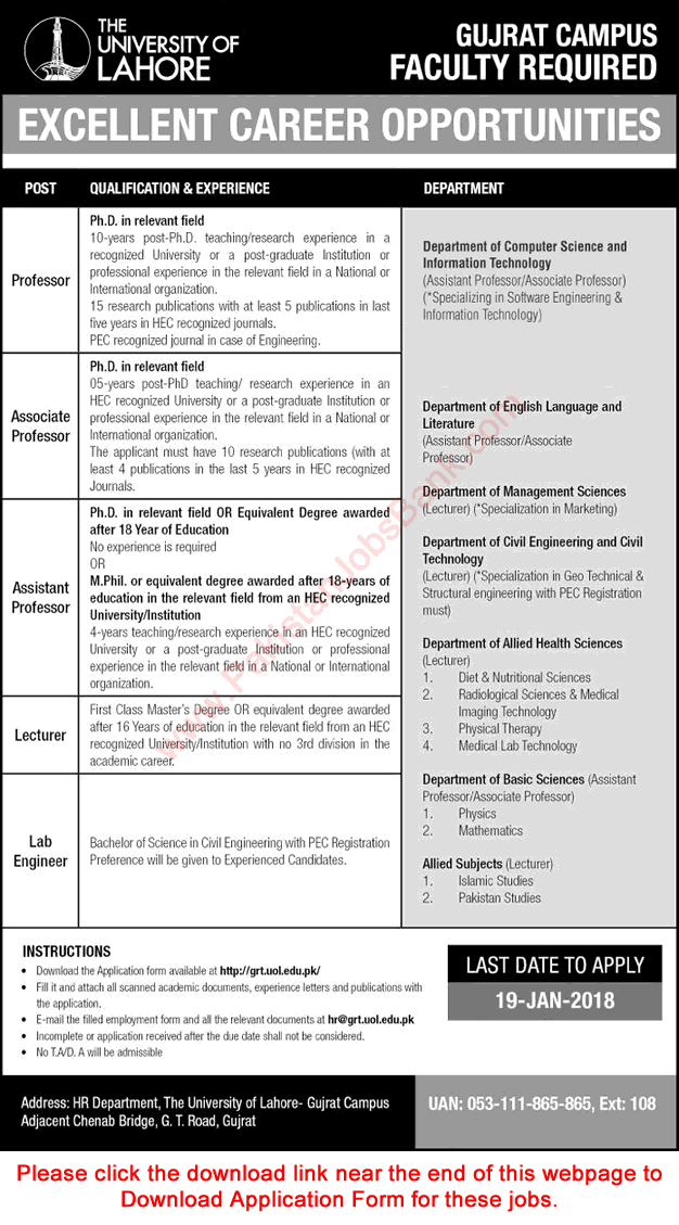 University of Lahore Gujrat Campus Jobs 2018 Application Form Teaching Faculty & Lab Engineer Latest