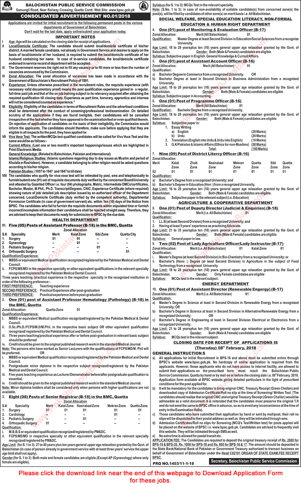 BPSC Jobs 2018 Apply Online Consolidated Advertisement No 01/2018 1/2018 Latest