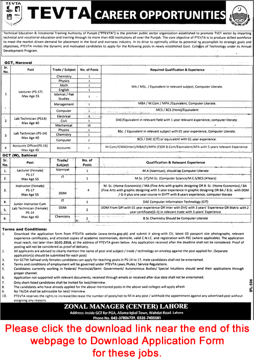 TEVTA Jobs 2018 Application Form Lecturers, Instructors, Lab Technicians & Accounts Officer Latest