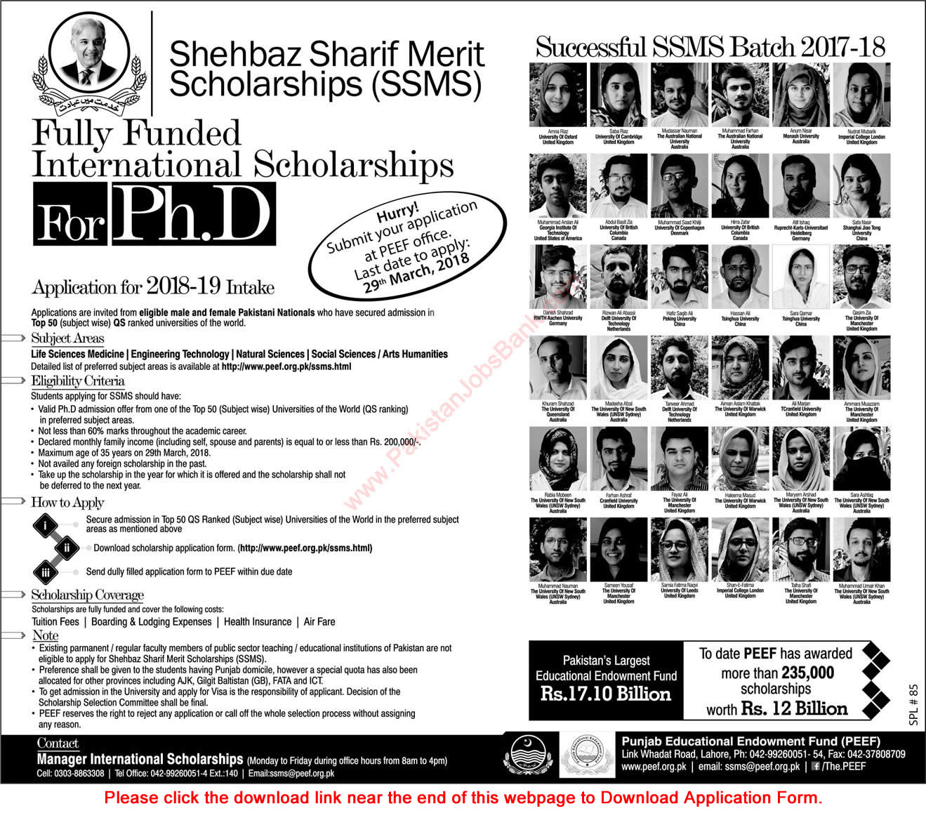Shahbaz Sharif Merit Scholarships 2018 PEEF Application Form PhD Foreign Scholarship SSMS Latest