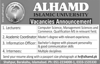 Alhamd Islamic University Islamabad Jobs 2018 Lecturers, Internees, Coordinator & Information Officer Latest