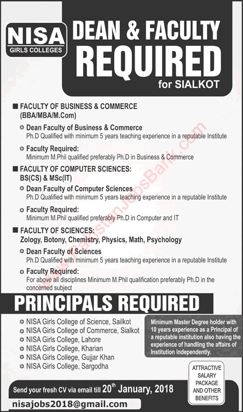 NISA Girls College Punjab Jobs 2018 Teaching Faculty, Principals & Deans Latest