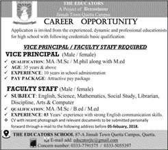 The Educators School Quetta Jobs 2018 Teaching Faculty & Principal Latest