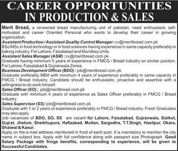 Merit Bread Punjab Jobs 2018 Sales Officers / Supervisors, Business Development Officers & Others Latest