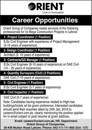 Orient Group of Companies Lahore Jobs 2018 Civil Engineers, Project & Design Coordinators Latest