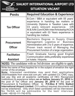 Sialkot International Airport Jobs 2018 Tax / Procurement Officers & Facilitation Assistant Latest