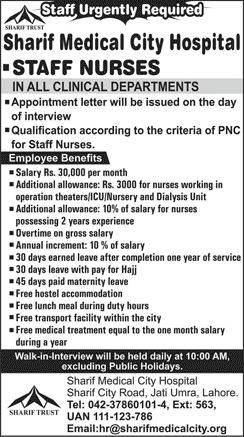 Staff Nurse Jobs in Sharif Medical City Hospital Lahore 2018 January Walk in Interview Latest