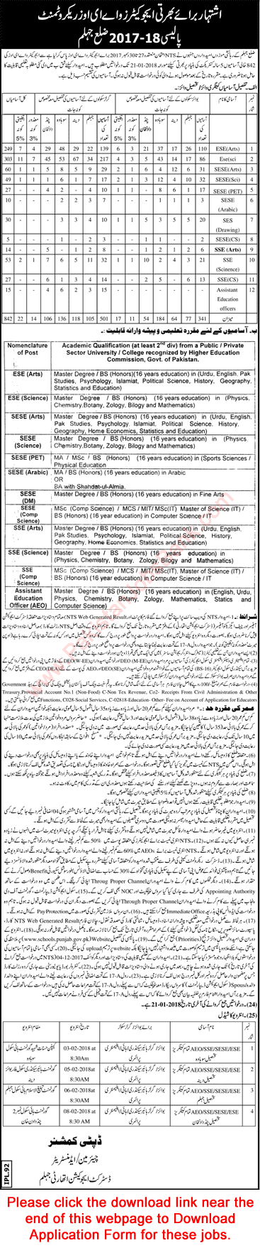 School Education Department Jhelum Jobs 2018 January NTS Application Form Educators & AEOs Latest