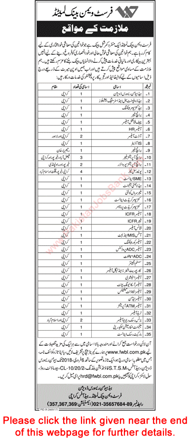 First Women Bank Limited Jobs 2018 January FWBL Latest Advertisement