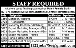 Textile Company Jobs in Lahore 2018 Export Marketing Managers / Trainees & Others Latest