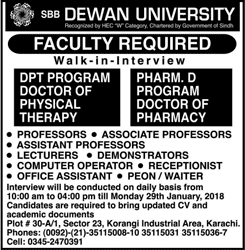 SBB Dewan University Karachi Jobs 2018 Teaching Faculty & Others Walk in Interview Latest