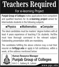 Teaching Jobs in Lahore 2018 January at Punjab Group of Colleges Latest