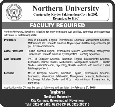 Northern University Nowshera Jobs 2018 January Teaching Faculty Latest