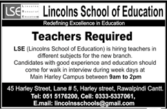 Teaching Jobs in Rawalpindi 2018 January at Lincolns School of Education Latest