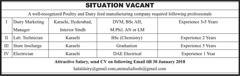Poultry & Dairy Feed Manufacturing Company Jobs in Sindh 2018 Dairy Marketing Manager & Others Latest
