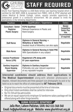 Ghurki Trust Teaching Hospital Lahore Jobs 2018 Specialist Doctors, Nurses & Others Latest