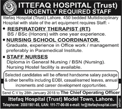 Ittefaq Hospital Lahore Jobs 2018 January Staff Nurses, Coordinator & Respiratory Therapist Latest