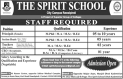 The Spirit School Rawalpindi Jobs 2018 Teachers, Section Head, Principal & Receptionist Latest