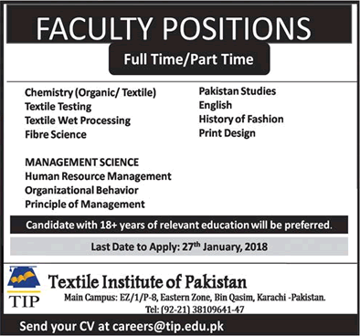 Textile Institute of Pakistan Karachi Jobs 2018 January Teaching Faculty Latest