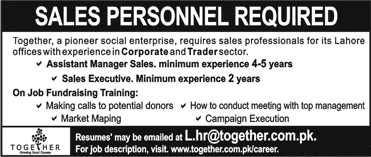 Together Pvt Ltd Lahore Jobs 2018 January Sales Manager & Executives Latest