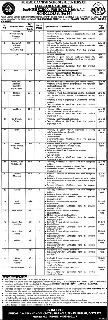 Danish School Harnoli Mianwali Jobs 2018 January Lab Assistants / Attendants, Laundryman & Others Latest