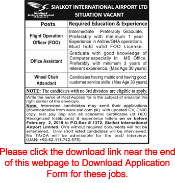Sialkot International Airport Jobs 2018 January Application Form Office Assistant & Others Latest