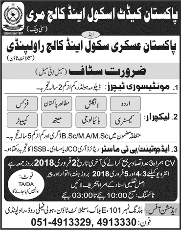 Pakistan Askari / Cadet School and College Rawalpindi Jobs 2018 Murree Teaching Faculty & PT Master Latest