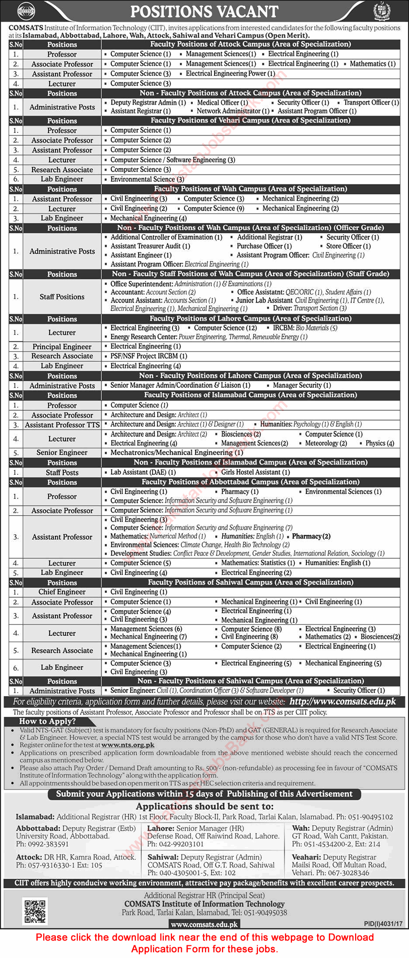 COMSATS Jobs 2018 January CIIT Application Form Teaching Faculty, Lab Engineer & Admin Staff Latest