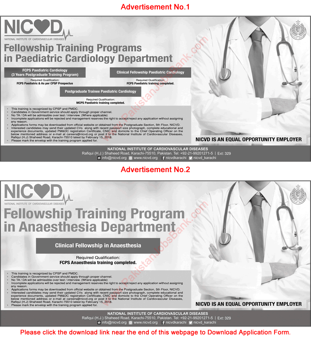 NICVD Jobs 2018 January Karachi Fellowship Training Program Application Form Download Latest