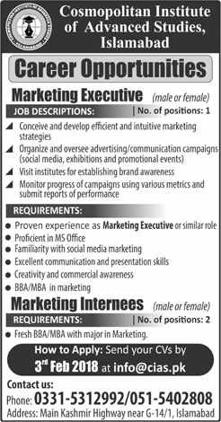 Cosmopolitan Institute of Advanced Studies Islamabad Jobs 2018 January Marketing Executive & Internees Latest