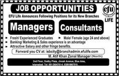 EFU Life Insurance Islamabad Jobs 2018 January Managers & Consultants Latest
