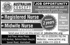 Australian Concept Infertility Medical Center Islamabad Jobs 2018 January Nurse & Midwife Latest