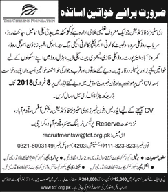 The Citizen Foundation Jobs 2018 January Quetta Female Teachers & Principals Latest