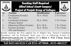 Allied School Lahore Jobs 2018 Cantt Campus Coordinators, Teachers & Admission Officer Latest