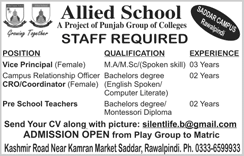 Allied School Rawalpindi Jobs 2018 January Saddar Campus Teachers & Others Latest