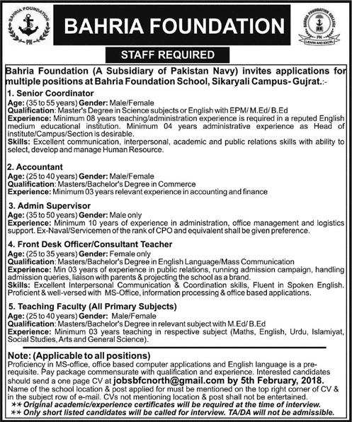 Bahria Foundation School Gujrat Jobs 2018 January Teaching Faculty & Others Latest