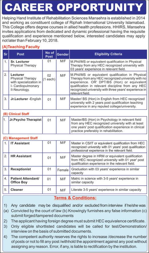 Helping Hand Institute Of Rehabilitation Sciences Mansehra Jobs 2018 January Lecturers, Receptionist & Others Latest