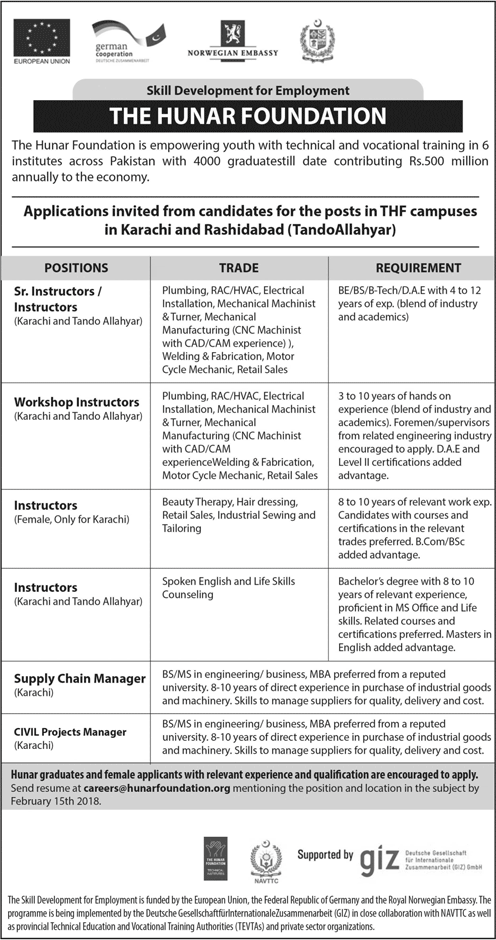 Hunar Foundation Karachi / Tando Allahyar Jobs 2018 January Instructors & Others Latest