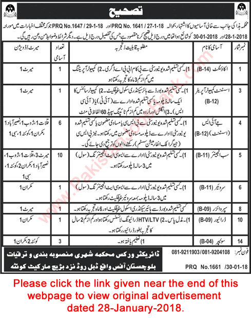 Urban Planning and Development Department Balochistan Jobs 2018 January Corrigendum Latest