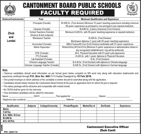 Cantonment Board Public Schools Jobs 2018 February Zhob & Loralai Teachers & Others Latest