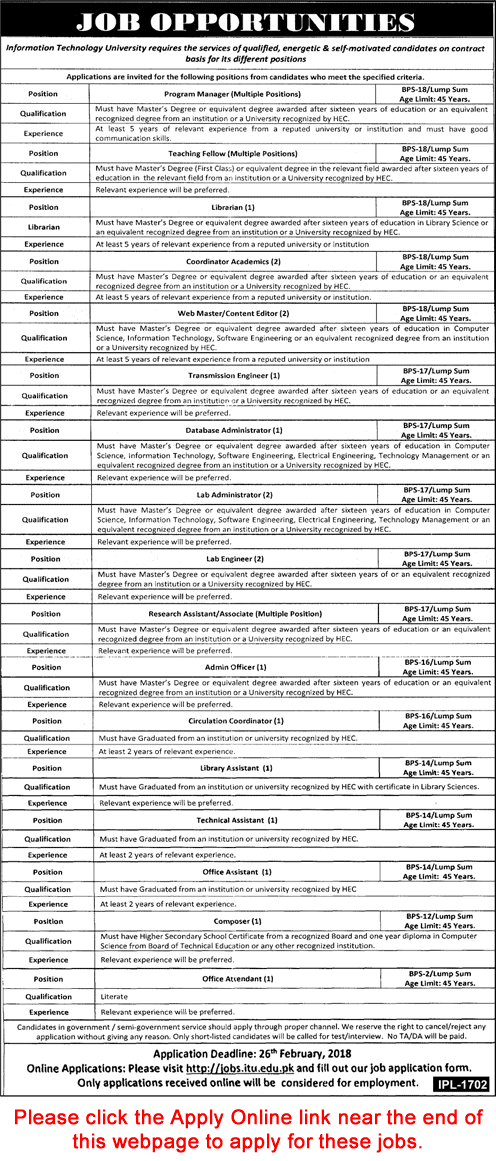 Information Technology University Lahore Jobs 2018 February Apply Online Teaching Fellows, Program Managers & Others Latest