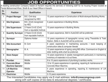 Crescon Group Karachi Jobs 2018 February Civil Engineers, Stenographer, Store Keeper & Others Latest