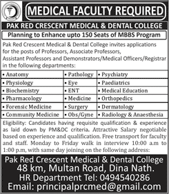 Pakistan Red Crescent Medical and Dental College Kasur Jobs 2018 February Teaching Faculty & Medical Officers Latest