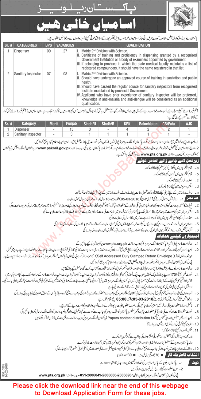 Pakistan Railways Jobs 2018 February PTS Application Form Dispensers & Sanitary Inspectors Latest