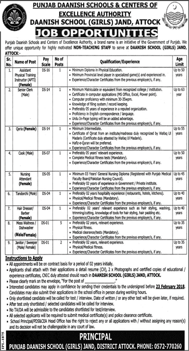 Danish School Jand Jobs 2018 February Attock Clerk, PTI, Nursing Attendant & Others Latest