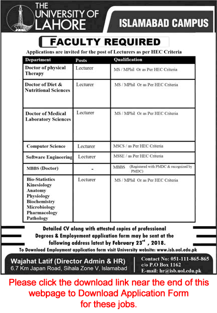 Lecturer Jobs in University of Lahore Islamabad Campus 2018 February Application Form Download Latest