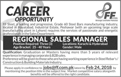 Regional Sales Manager Jobs in FF Steel Karachi / Hyderabad 2018 February Latest