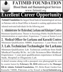 Fatimid Foundation Jobs 2018 February Administrators, Medical Officers & Lab Technician / Technologist Latest